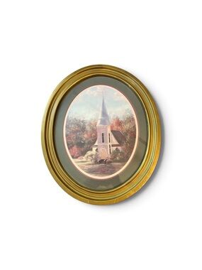 Oval Gold-Framed Church Print with Green Mat Vintage Thomas Kinkade
